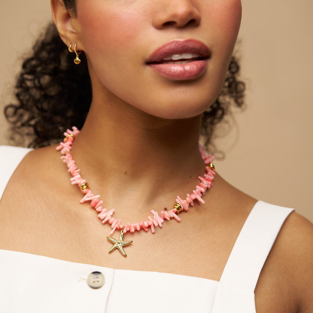 Pink Coral Chip & Starfish Necklace - Image 2